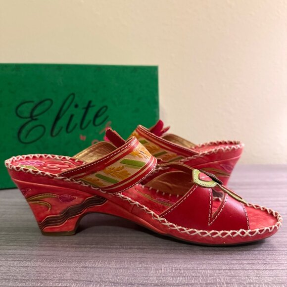 Elite By Corkys Womens Red Floral Leather Wedge Sandals Size 9 NIB - Picture 6 of 9